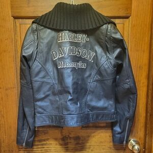 Harley Davidson Leather Jacket Womens Medium Black Bikercore Zip Sleeves Ladies